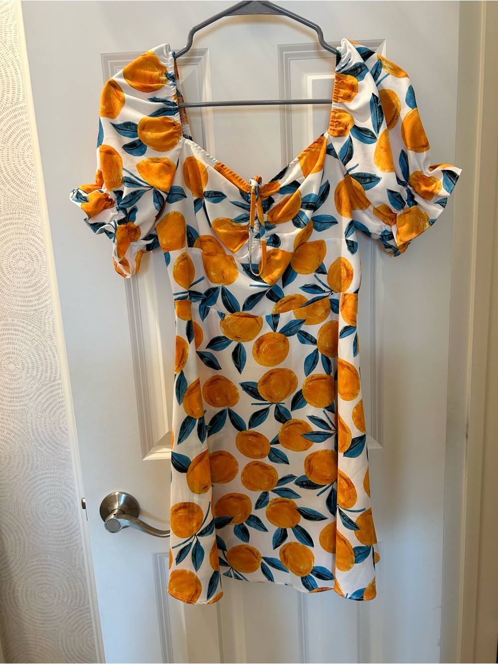 Women's White Lemon Print Puff Sleeve Dress
